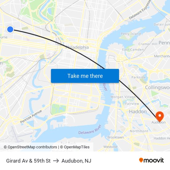 Girard Av & 59th St to Audubon, NJ map