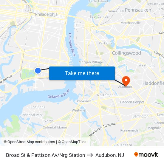 Broad St & Pattison Av/Nrg Station to Audubon, NJ map