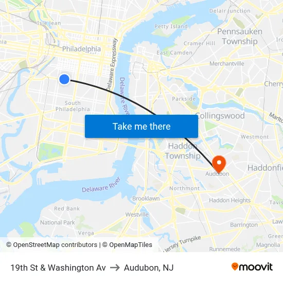 19th St & Washington Av to Audubon, NJ map
