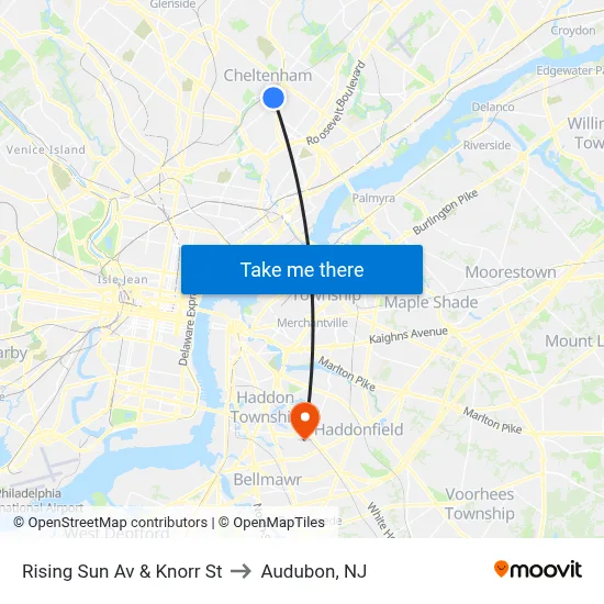 Rising Sun Av & Knorr St to Audubon, NJ map