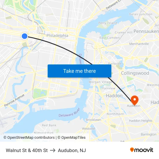 Walnut St & 40th St to Audubon, NJ map