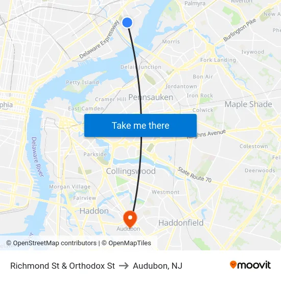 Richmond St & Orthodox St to Audubon, NJ map