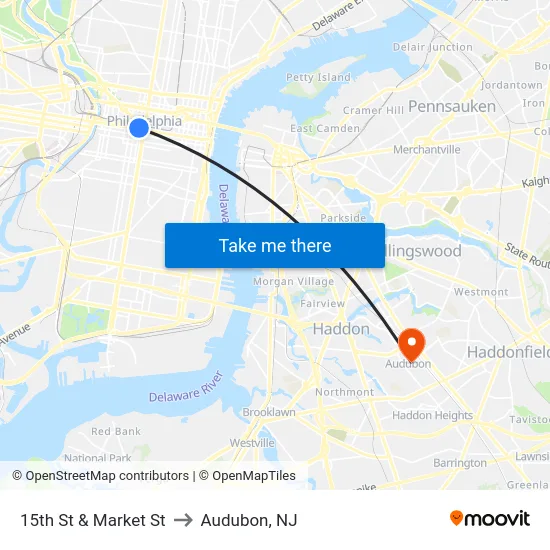 15th St & Market St to Audubon, NJ map