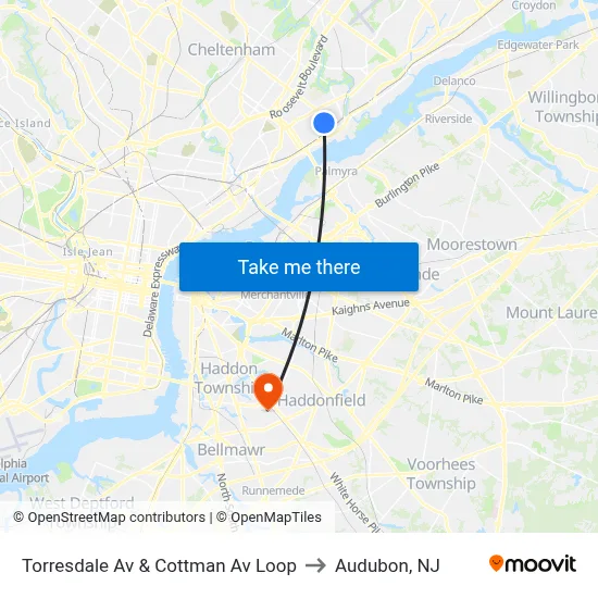 Torresdale Av & Cottman Av Loop to Audubon, NJ map