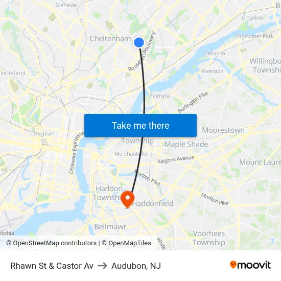 Rhawn St & Castor Av to Audubon, NJ map