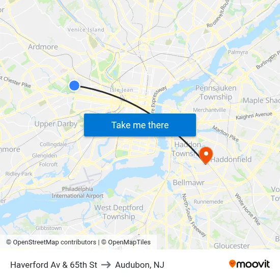 Haverford Av & 65th St to Audubon, NJ map