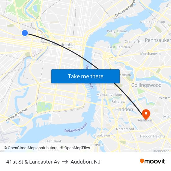 41st St & Lancaster Av to Audubon, NJ map