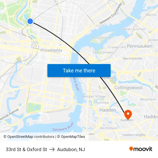 33rd St & Oxford St to Audubon, NJ map