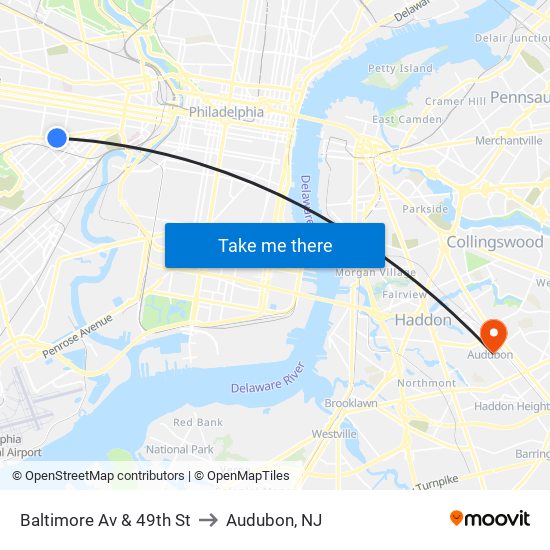 Baltimore Av & 49th St to Audubon, NJ map