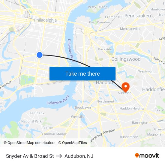 Snyder Av & Broad St to Audubon, NJ map