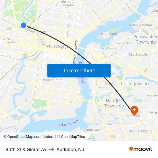 40th St & Girard Av to Audubon, NJ map