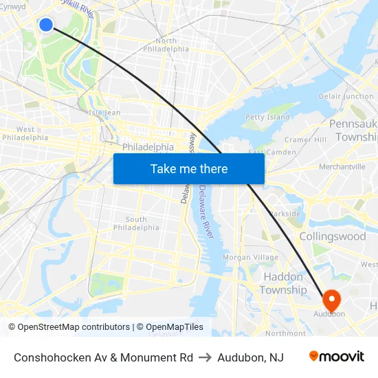 Conshohocken Av & Monument Rd to Audubon, NJ map