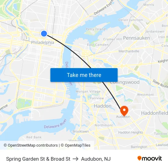 Spring Garden St & Broad St to Audubon, NJ map