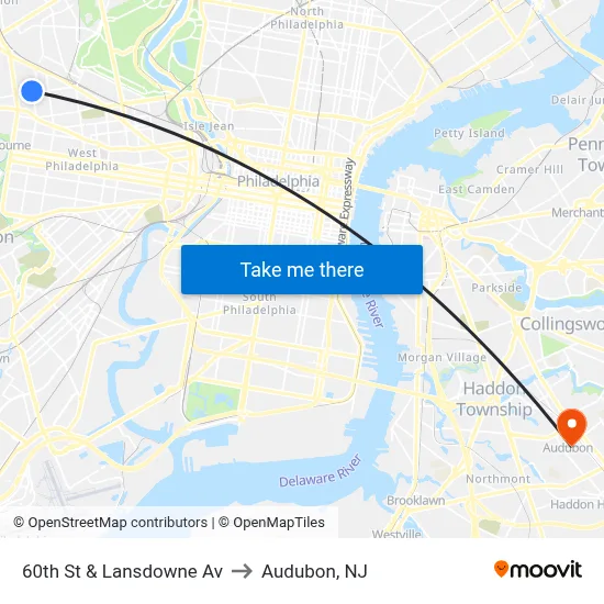 60th St & Lansdowne Av to Audubon, NJ map