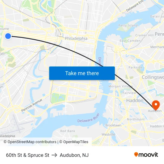 60th St & Spruce St to Audubon, NJ map