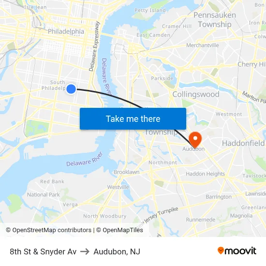8th St & Snyder Av to Audubon, NJ map
