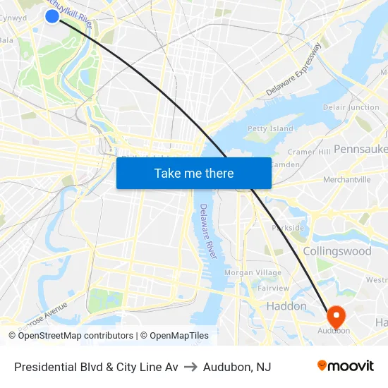 Presidential Blvd & City Line Av to Audubon, NJ map