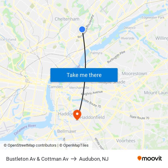 Bustleton Av & Cottman Av to Audubon, NJ map