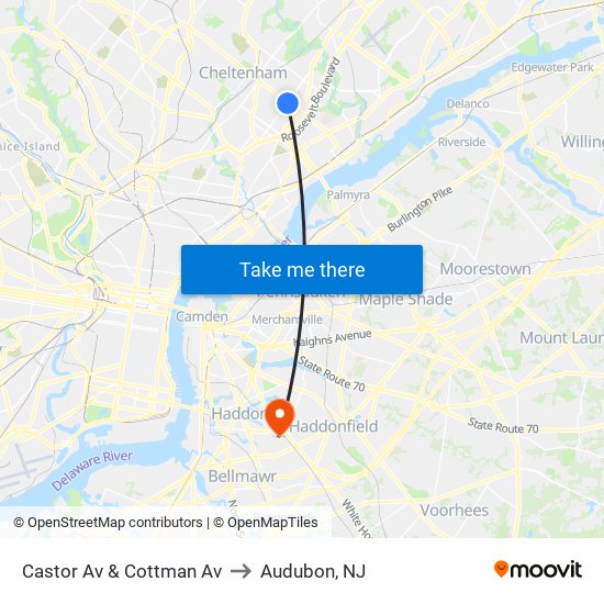 Castor Av & Cottman Av to Audubon, NJ map