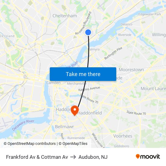 Frankford Av & Cottman Av to Audubon, NJ map