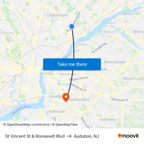 St Vincent St & Roosevelt Blvd to Audubon, NJ map
