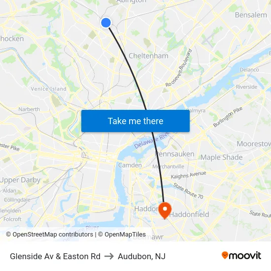 Glenside Av & Easton Rd to Audubon, NJ map