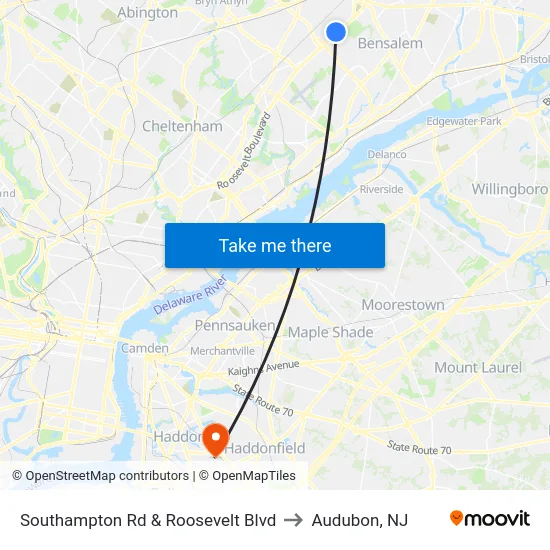 Southampton Rd & Roosevelt Blvd to Audubon, NJ map