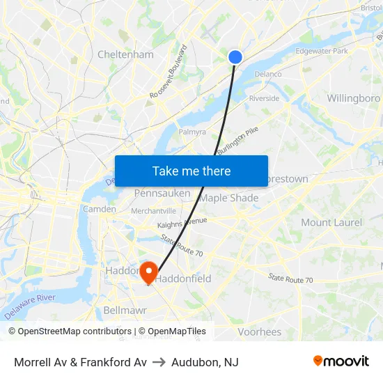 Morrell Av & Frankford Av to Audubon, NJ map
