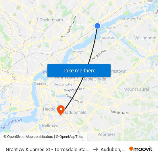 Grant Av & James St - Torresdale Station to Audubon, NJ map