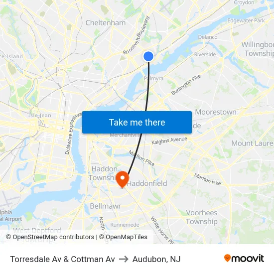 Torresdale Av & Cottman Av to Audubon, NJ map