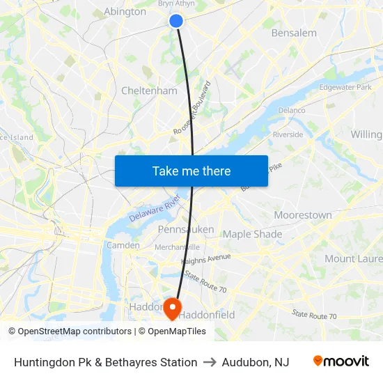 Huntingdon Pk & Bethayres Station to Audubon, NJ map