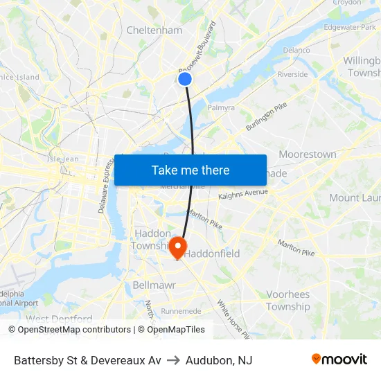Battersby St & Devereaux Av to Audubon, NJ map