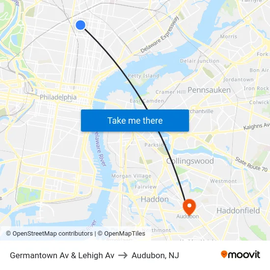 Germantown Av & Lehigh Av to Audubon, NJ map