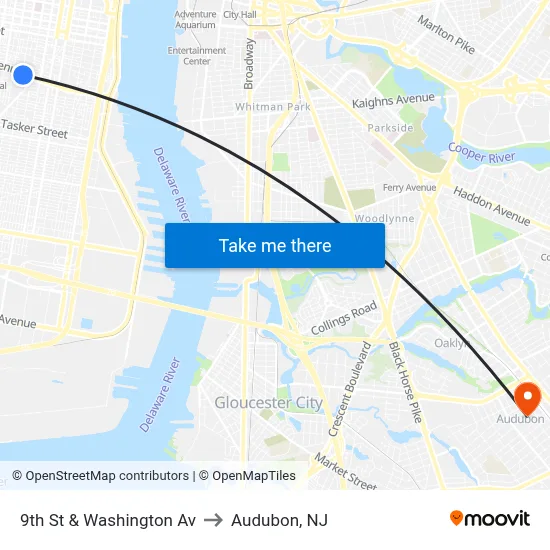 9th St & Washington Av to Audubon, NJ map