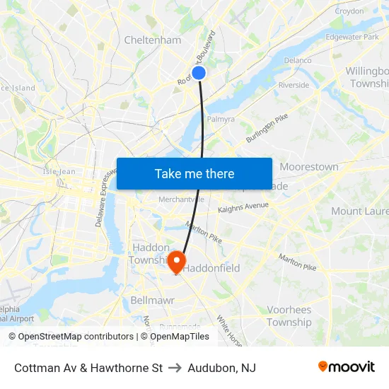 Cottman Av & Hawthorne St to Audubon, NJ map