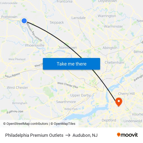 Philadelphia Premium Outlets to Audubon, NJ map