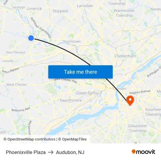 Phoenixville Plaza to Audubon, NJ map