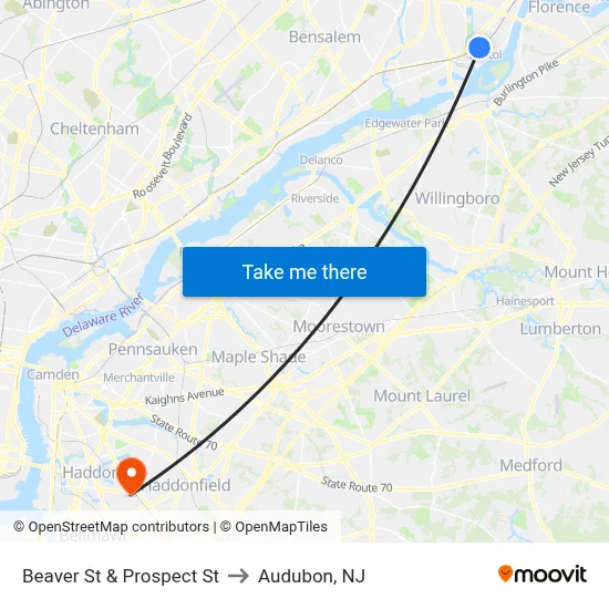 Beaver St & Prospect St to Audubon, NJ map
