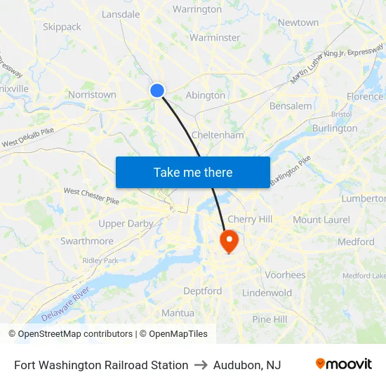 Fort Washington Railroad Station to Audubon, NJ map