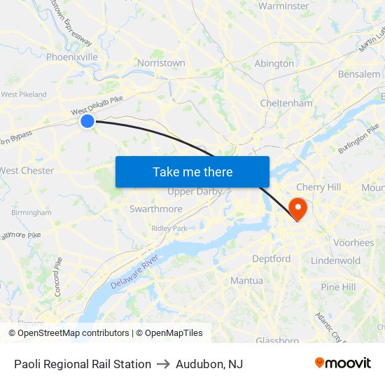 Paoli Regional Rail Station to Audubon, NJ map