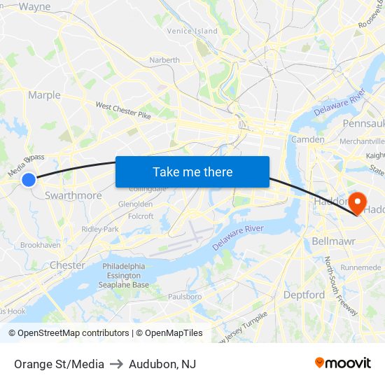 Orange St/Media to Audubon, NJ map