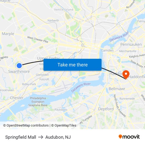 Springfield Mall to Audubon, NJ map