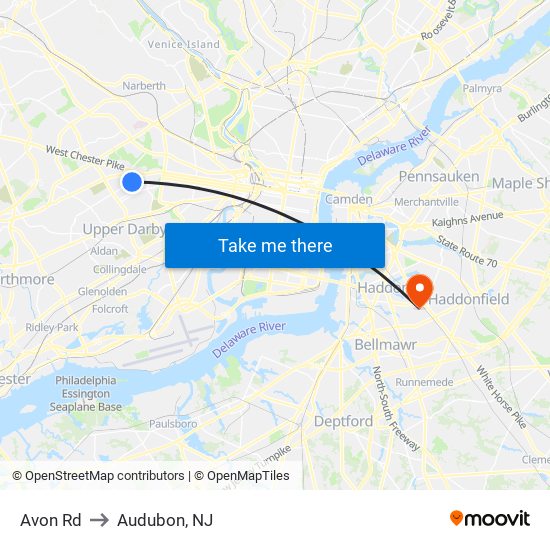 Avon Rd to Audubon, NJ map