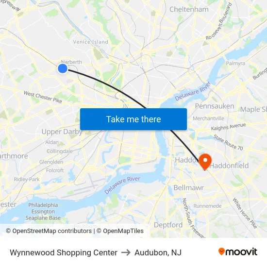 Wynnewood Shopping Center to Audubon, NJ map