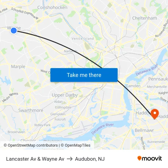 Lancaster Av & Wayne Av to Audubon, NJ map