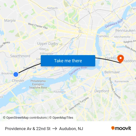 Providence Av & 22nd St to Audubon, NJ map