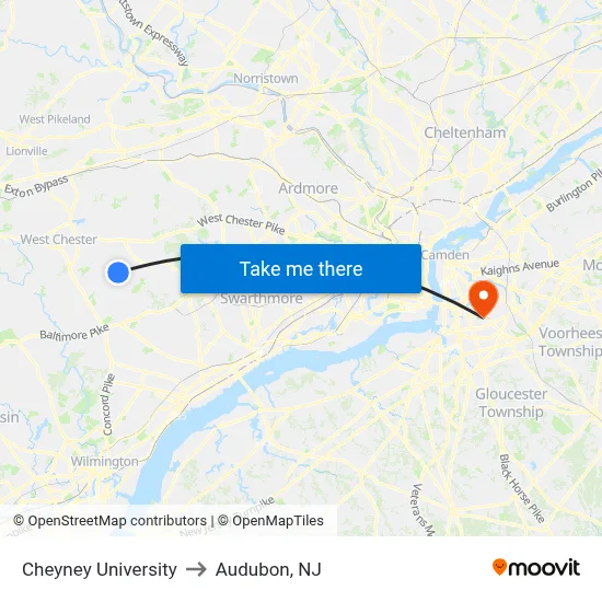 Cheyney University to Audubon, NJ map