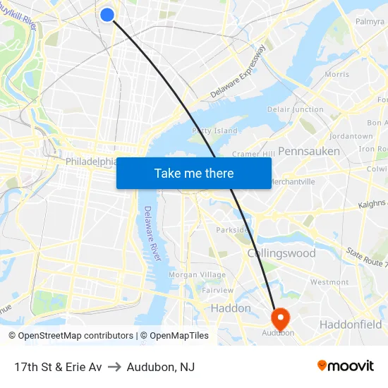 17th St & Erie Av to Audubon, NJ map