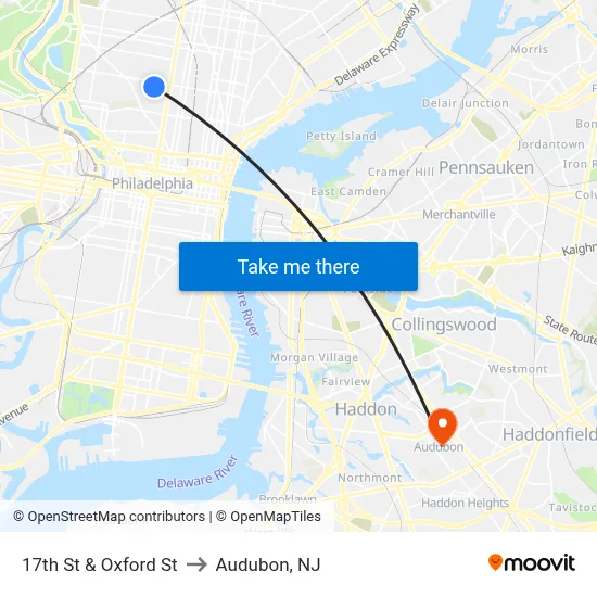 17th St & Oxford St to Audubon, NJ map