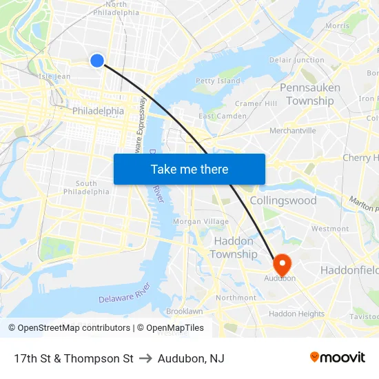 17th St & Thompson St to Audubon, NJ map